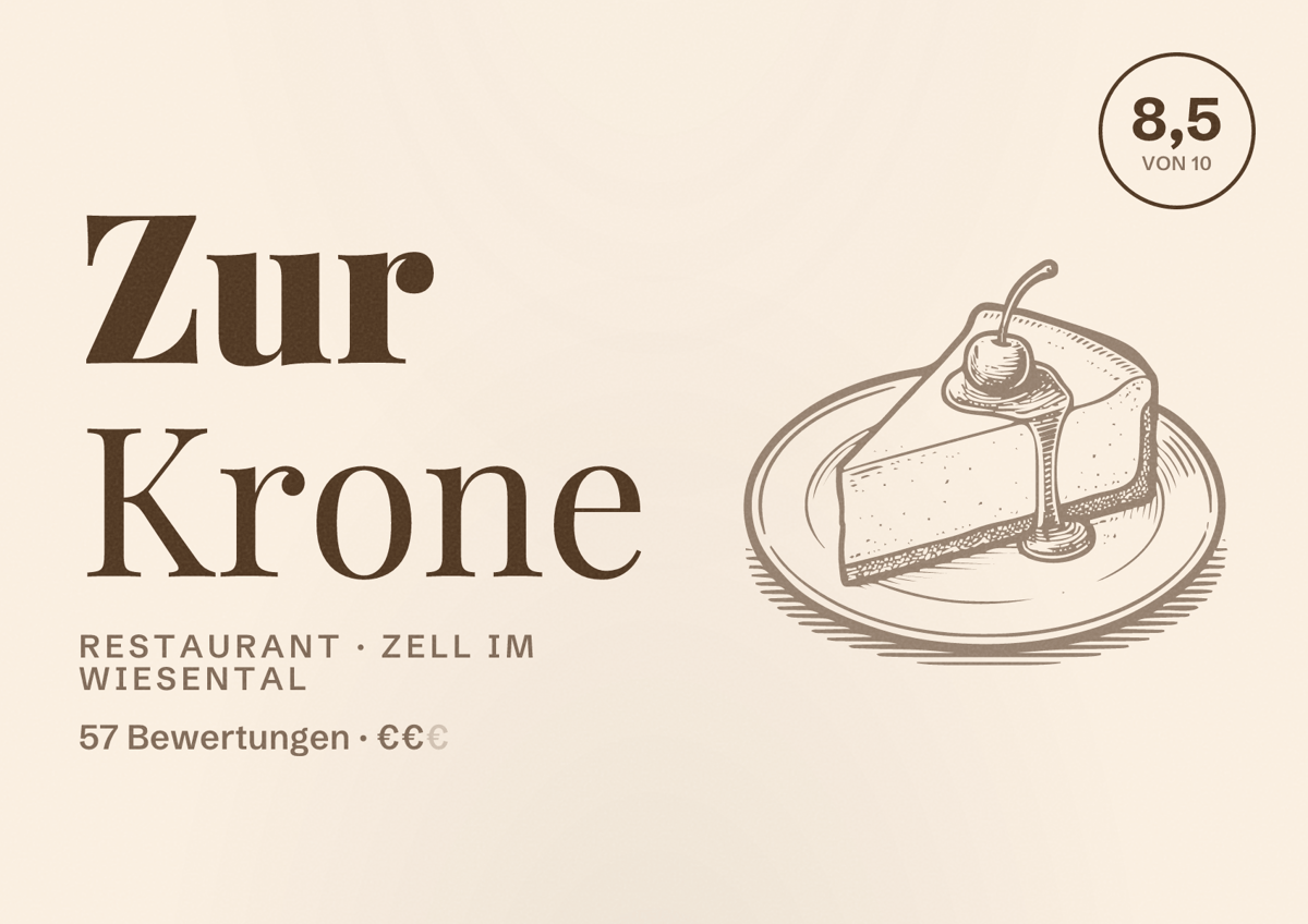 Illustriertes Poster von Zur Krone, Restaurant in Zell im Wiesental: Bewertung 8,5 von 10 aus 57 Bewertungen, Preisniveau €€