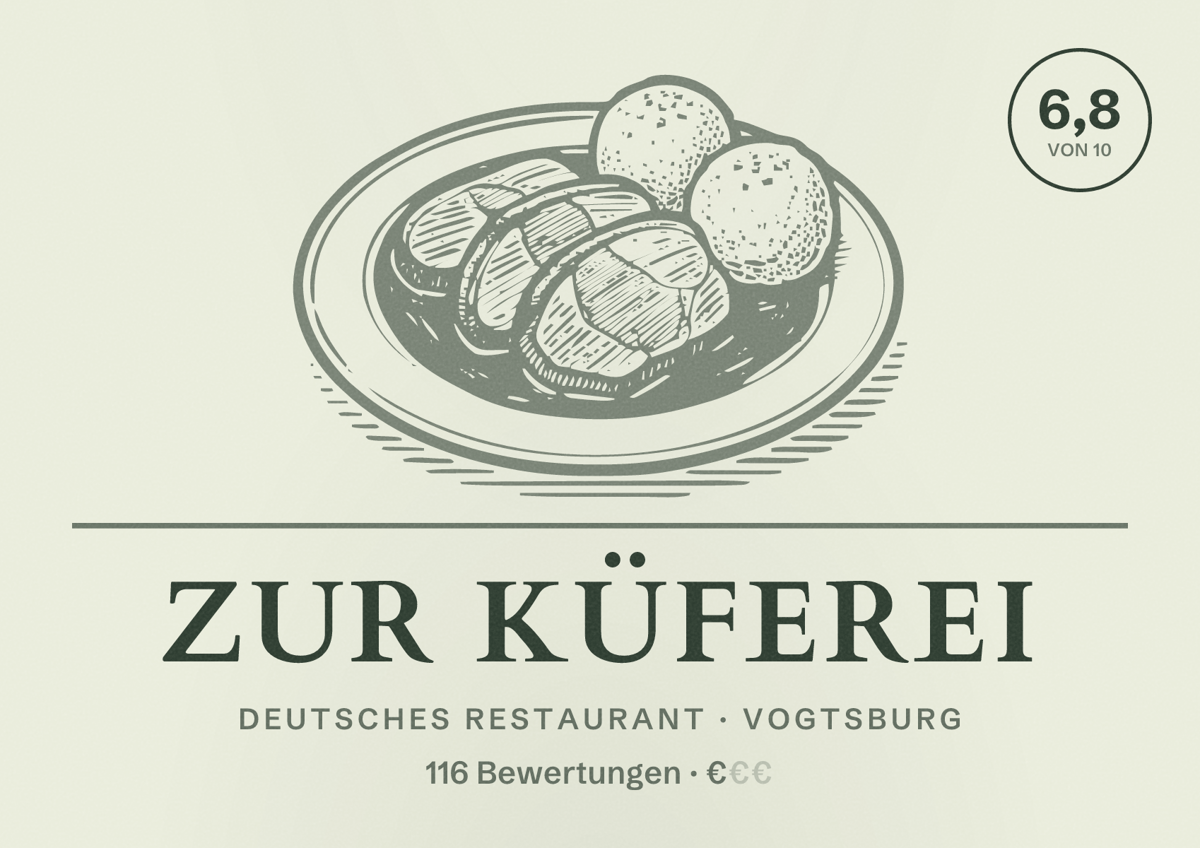 Illustriertes Poster von Zur Küferei, Deutsches Restaurant in Vogtsburg: Bewertung 6,8 von 10 aus 116 Bewertungen, Preisniveau €