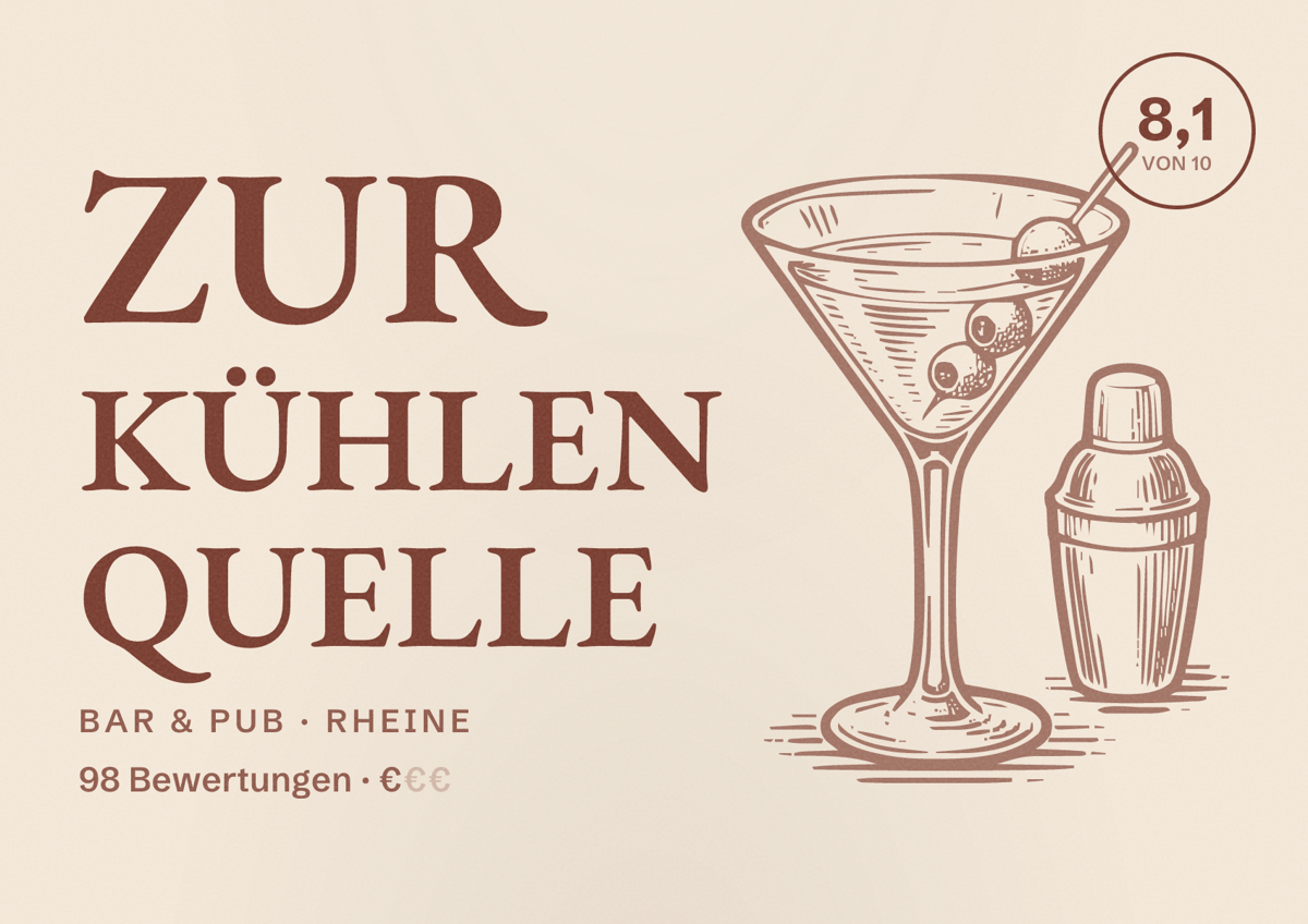 Illustriertes Poster von Zur kühlen Quelle, Bar & Pub in Rheine: Bewertung 8,1 von 10 aus 98 Bewertungen, Preisniveau €