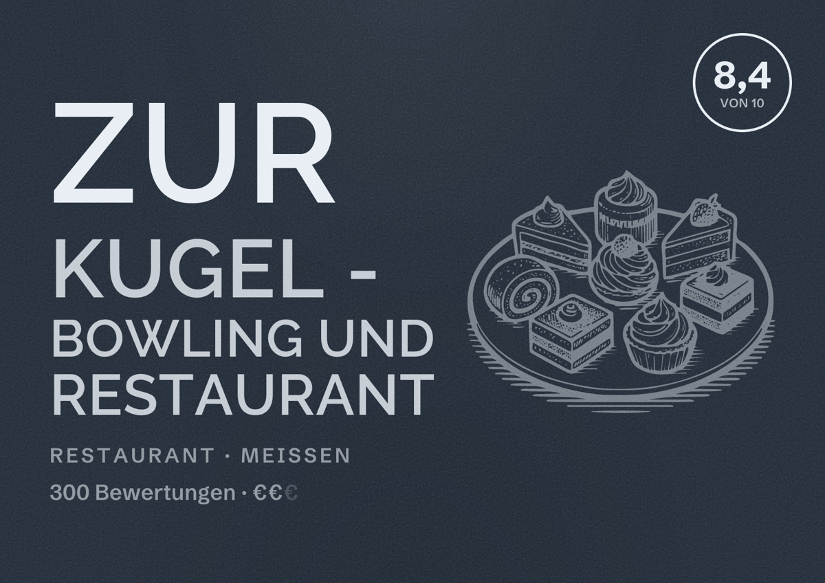 Illustriertes Poster von Zur Kugel - Bowling und Restaurant, Restaurant in Meißen: Bewertung 8,4 von 10 aus 300 Bewertungen, Preisniveau €€