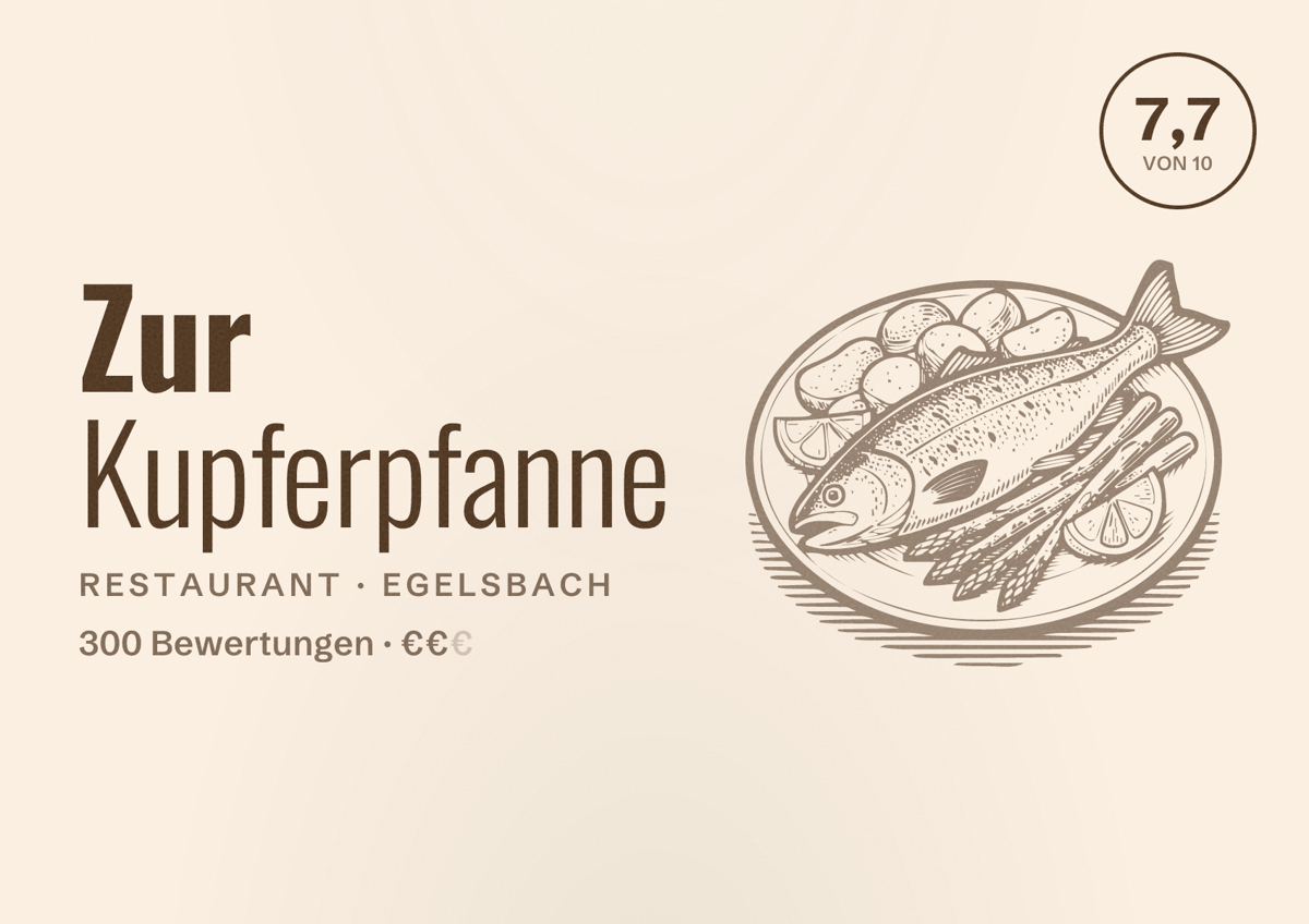 Illustriertes Poster von Zur Kupferpfanne, Restaurant in Egelsbach: Bewertung 7,7 von 10 aus 300 Bewertungen, Preisniveau €€