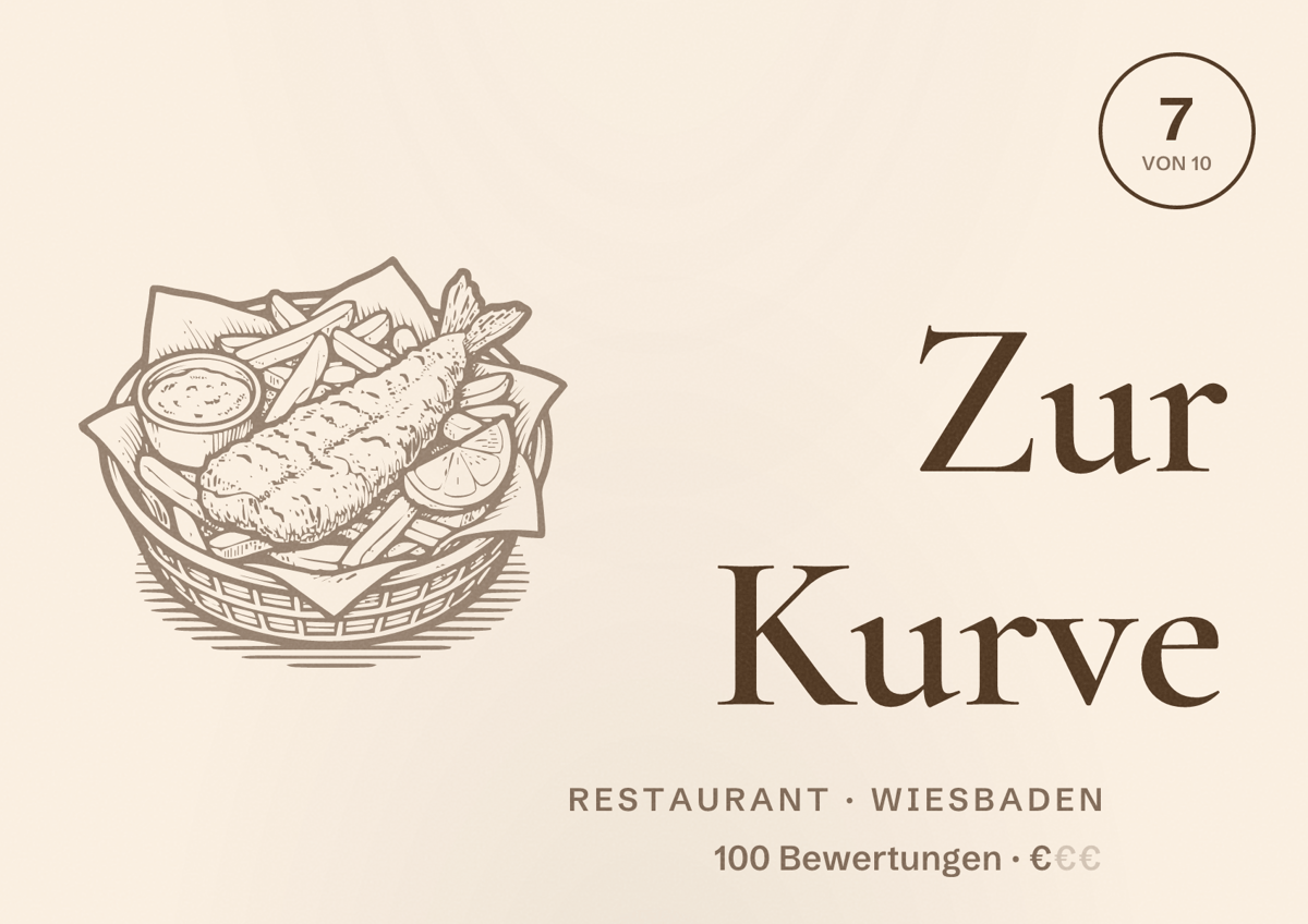 Illustriertes Poster von Zur Kurve, Restaurant in Wiesbaden: Bewertung 7 von 10 aus 100 Bewertungen, Preisniveau €