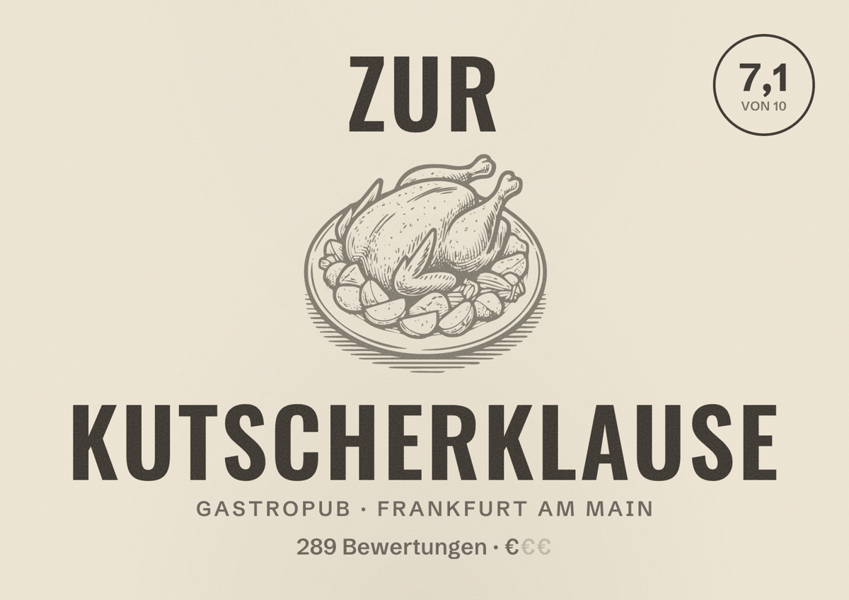 Illustriertes Poster von Zur Kutscherklause, Gastropub in Frankfurt am Main: Bewertung 7,1 von 10 aus 289 Bewertungen, Preisniveau €