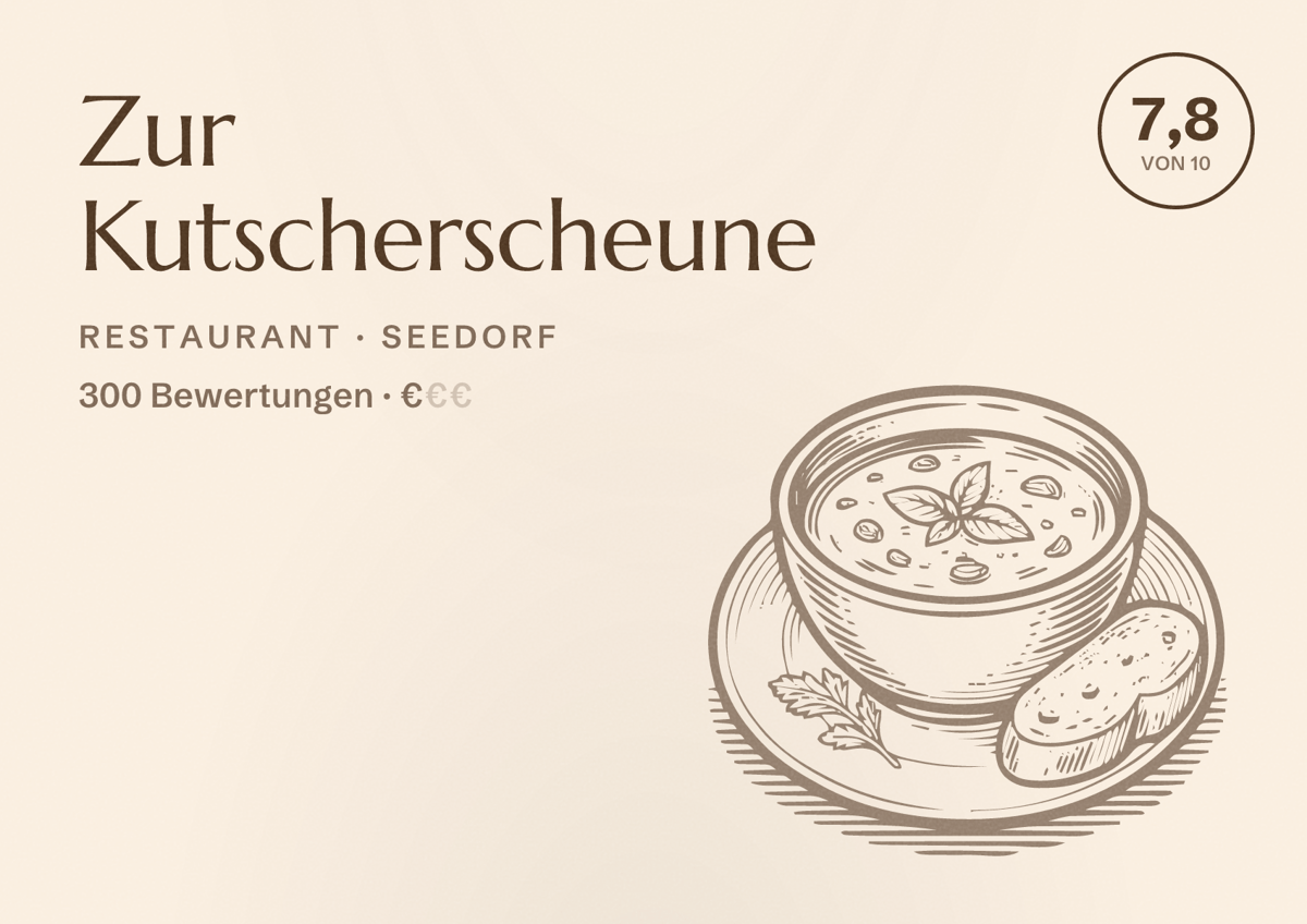 Illustriertes Poster von Zur Kutscherscheune, Restaurant in Seedorf: Bewertung 7,8 von 10 aus 300 Bewertungen, Preisniveau €