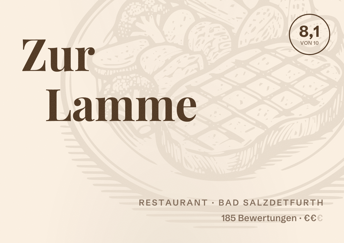 Illustriertes Poster von Zur Lamme, Restaurant in Bad Salzdetfurth: Bewertung 8,1 von 10 aus 185 Bewertungen, Preisniveau €€