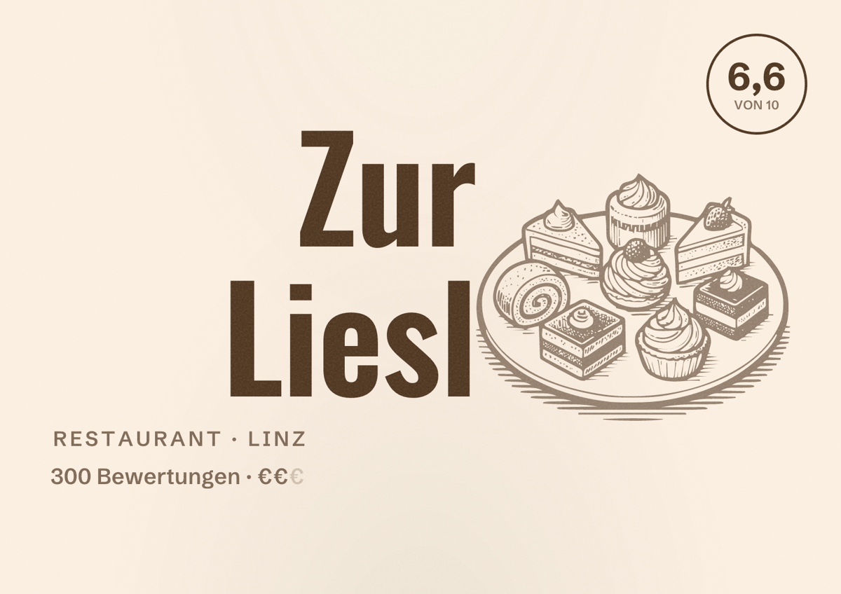 Illustriertes Poster von Zur Liesl, Restaurant in Linz: Bewertung 6,6 von 10 aus 300 Bewertungen, Preisniveau €€