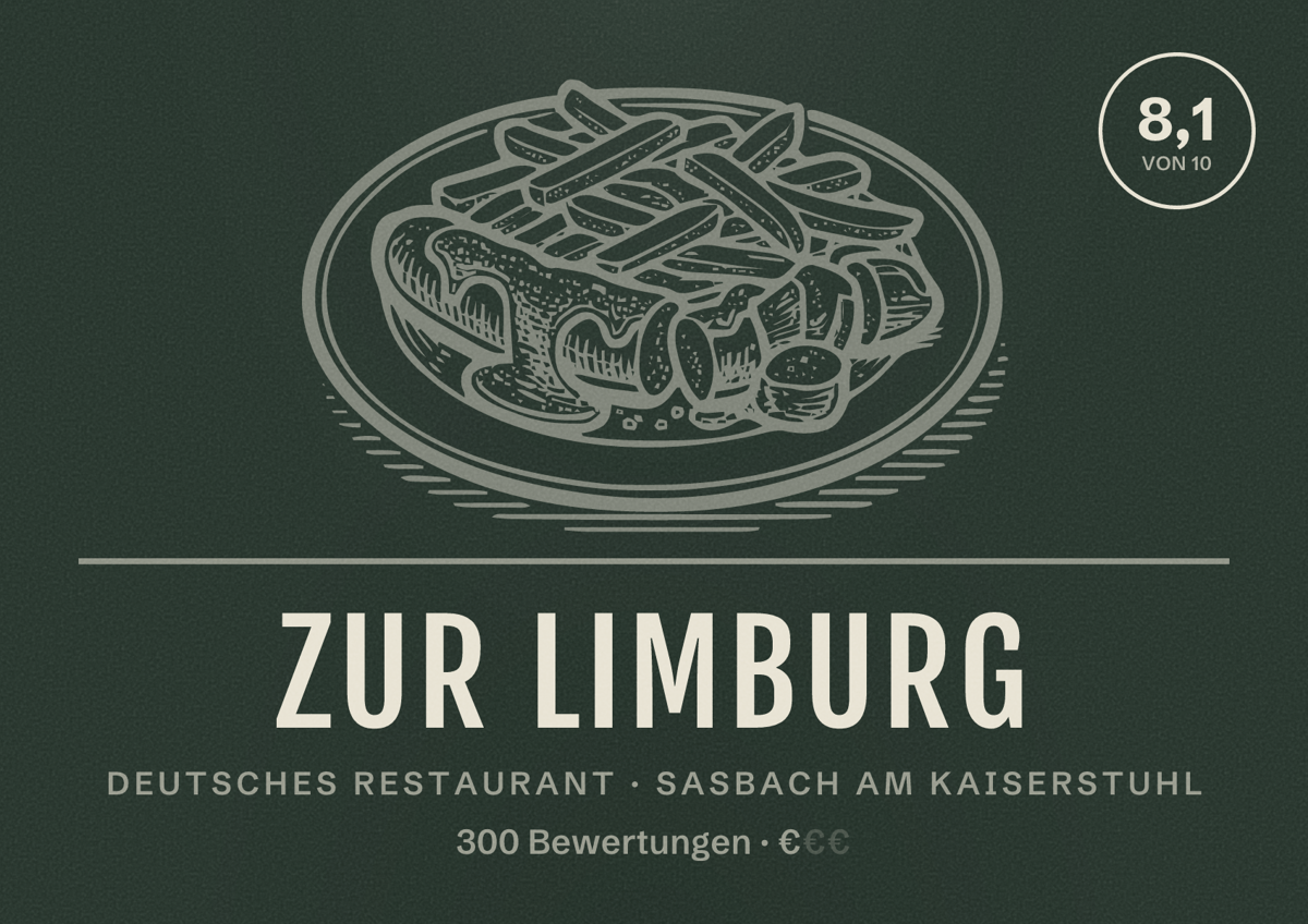 Illustriertes Poster von Zur Limburg, Deutsches Restaurant in Sasbach am Kaiserstuhl: Bewertung 8,1 von 10 aus 300 Bewertungen, Preisniveau €