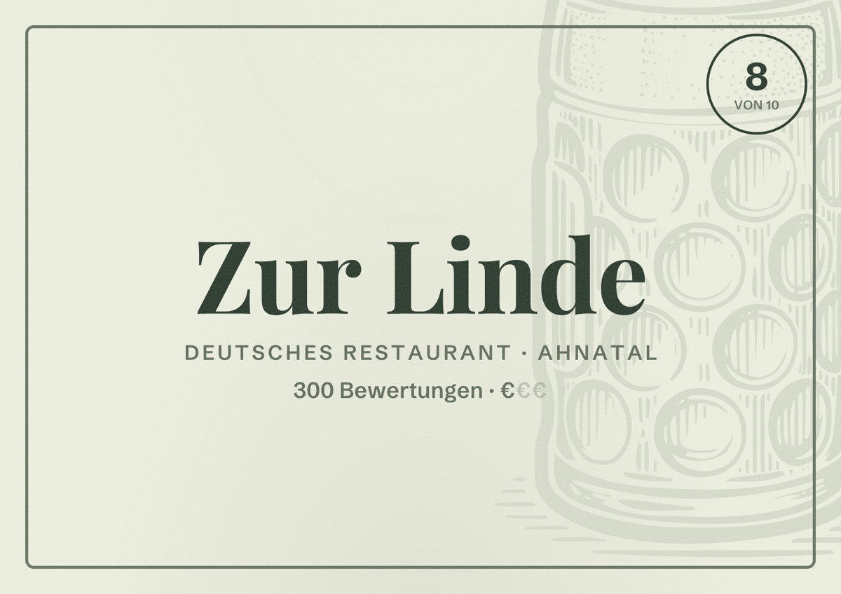 Illustriertes Poster von Zur Linde, Deutsches Restaurant in Ahnatal: Bewertung 8 von 10 aus 300 Bewertungen, Preisniveau €