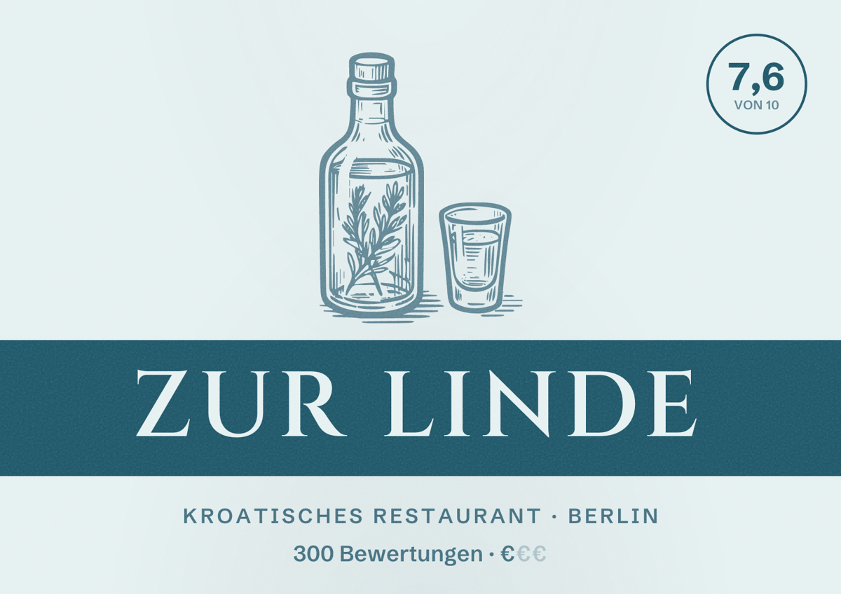 Illustriertes Poster von Zur Linde, Kroatisches Restaurant in Berlin: Bewertung 7,6 von 10 aus 300 Bewertungen, Preisniveau €