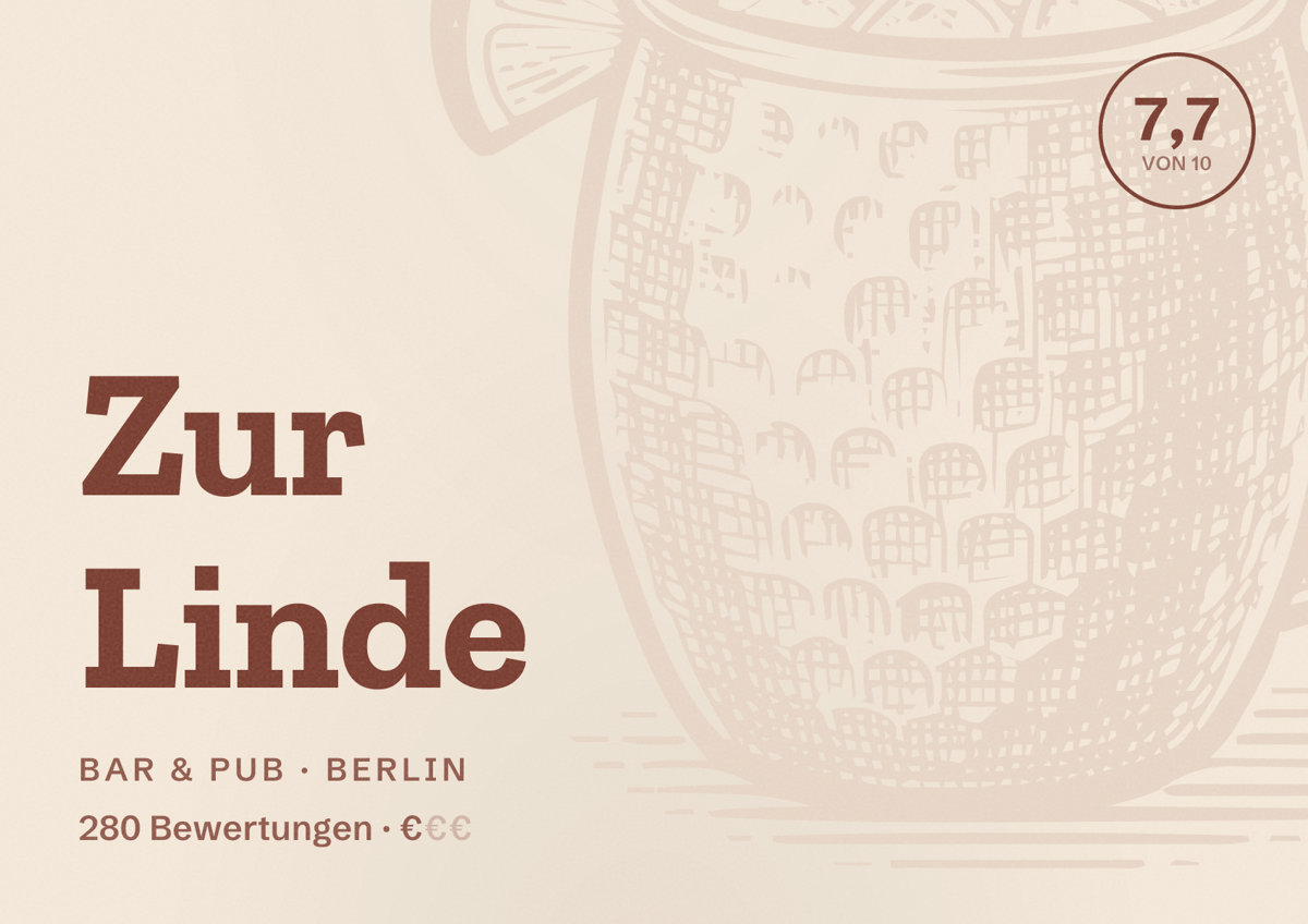 Illustriertes Poster von Zur Linde, Bar & Pub in Berlin: Bewertung 7,7 von 10 aus 280 Bewertungen, Preisniveau €