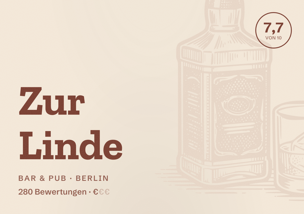 Illustriertes Poster von Zur Linde, Bar & Pub in Berlin: Bewertung 7,7 von 10 aus 280 Bewertungen, Preisniveau €