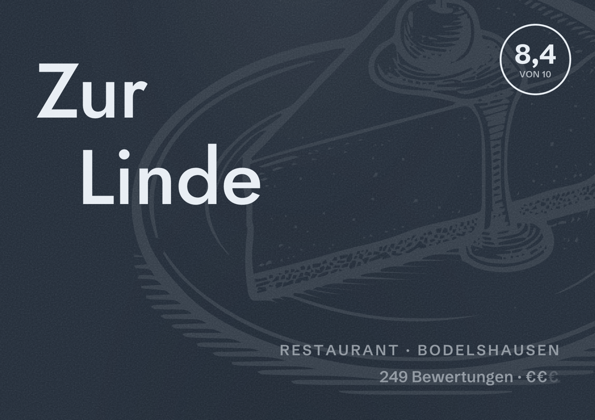 Illustriertes Poster von Zur Linde, Restaurant in Bodelshausen: Bewertung 8,4 von 10 aus 249 Bewertungen, Preisniveau €€