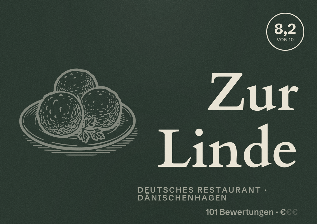 Illustriertes Poster von Zur Linde, Deutsches Restaurant in Dänischenhagen: Bewertung 8,2 von 10 aus 101 Bewertungen, Preisniveau €