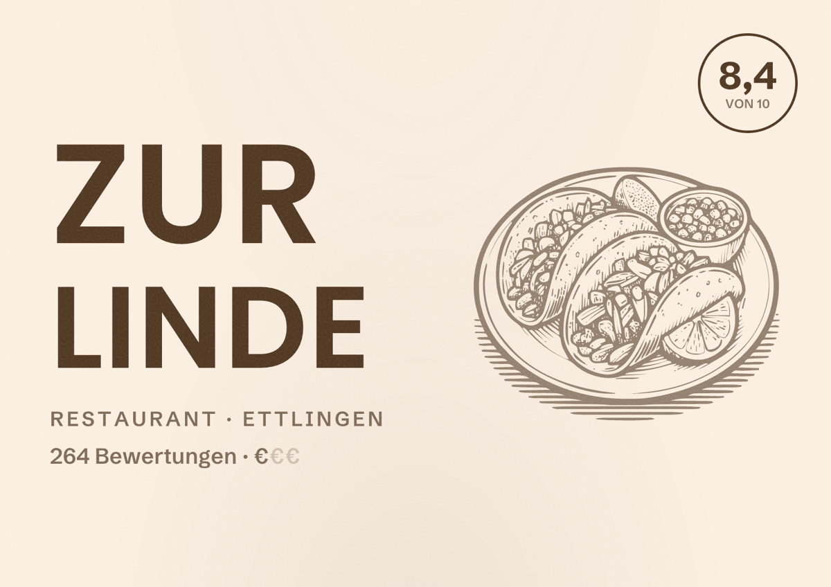 Illustriertes Poster von zur linde, Restaurant in Ettlingen: Bewertung 8,4 von 10 aus 264 Bewertungen, Preisniveau €