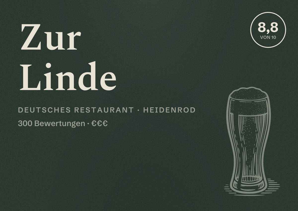 Illustriertes Poster von Zur Linde, Deutsches Restaurant in Heidenrod: Bewertung 8,8 von 10 aus 300 Bewertungen, Preisniveau €€€