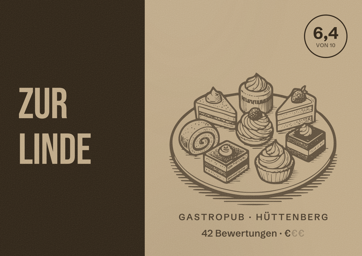 Illustriertes Poster von Zur Linde, Gastropub in Hüttenberg: Bewertung 6,4 von 10 aus 42 Bewertungen, Preisniveau €