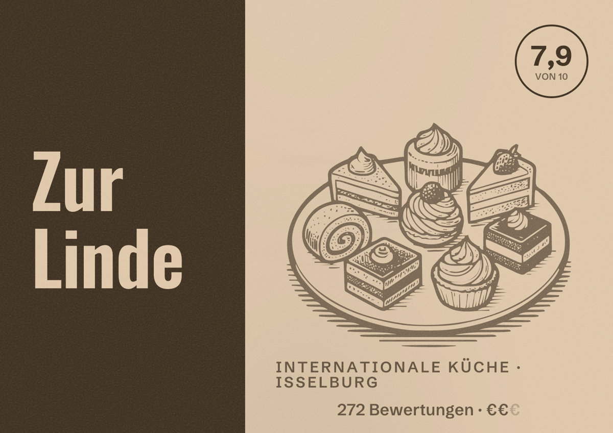 Illustriertes Poster von Zur Linde, Internationale Küche in Isselburg: Bewertung 7,9 von 10 aus 272 Bewertungen, Preisniveau €€