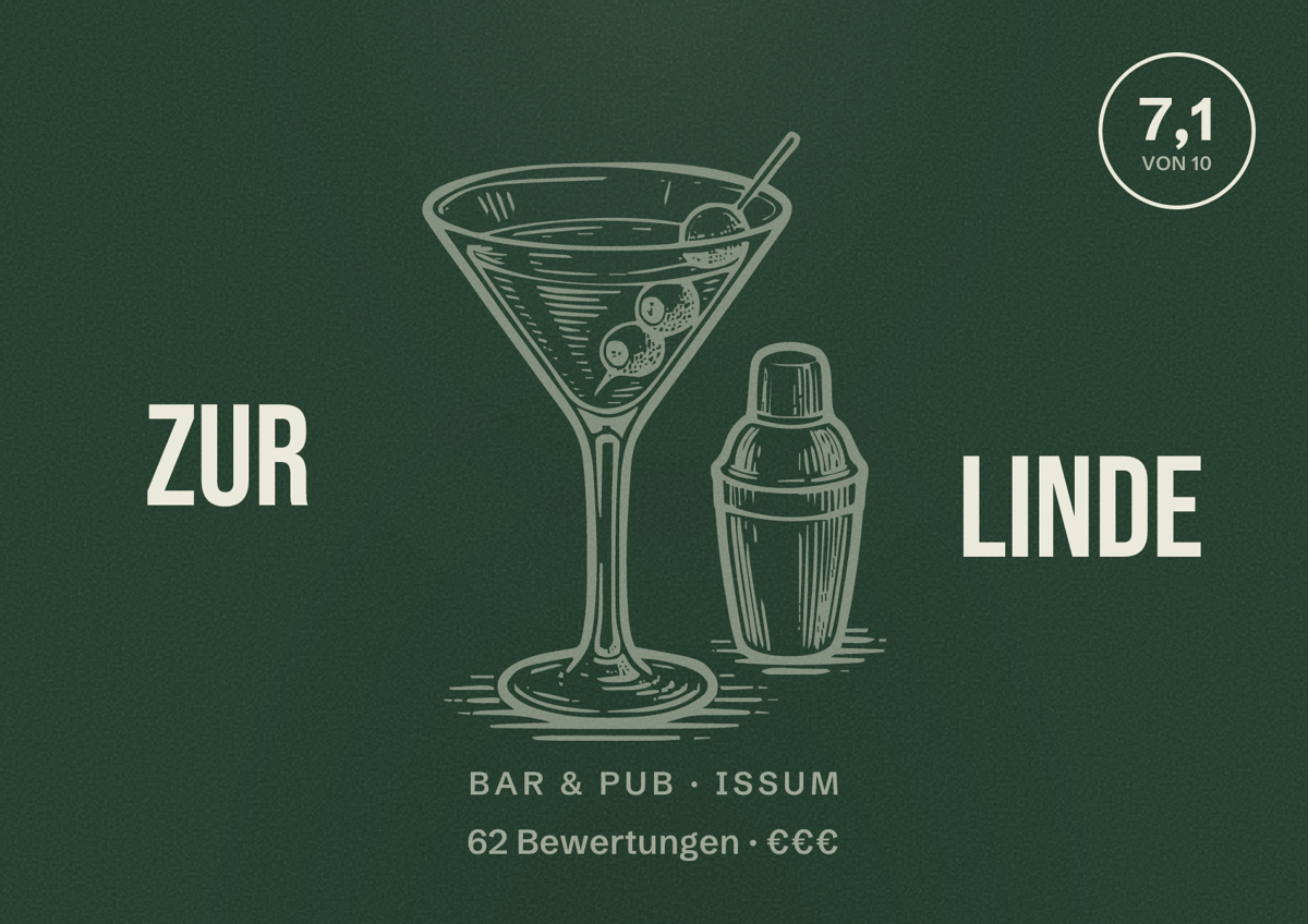 Illustriertes Poster von Zur Linde, Bar & Pub in Issum: Bewertung 7,1 von 10 aus 62 Bewertungen, Preisniveau €€€