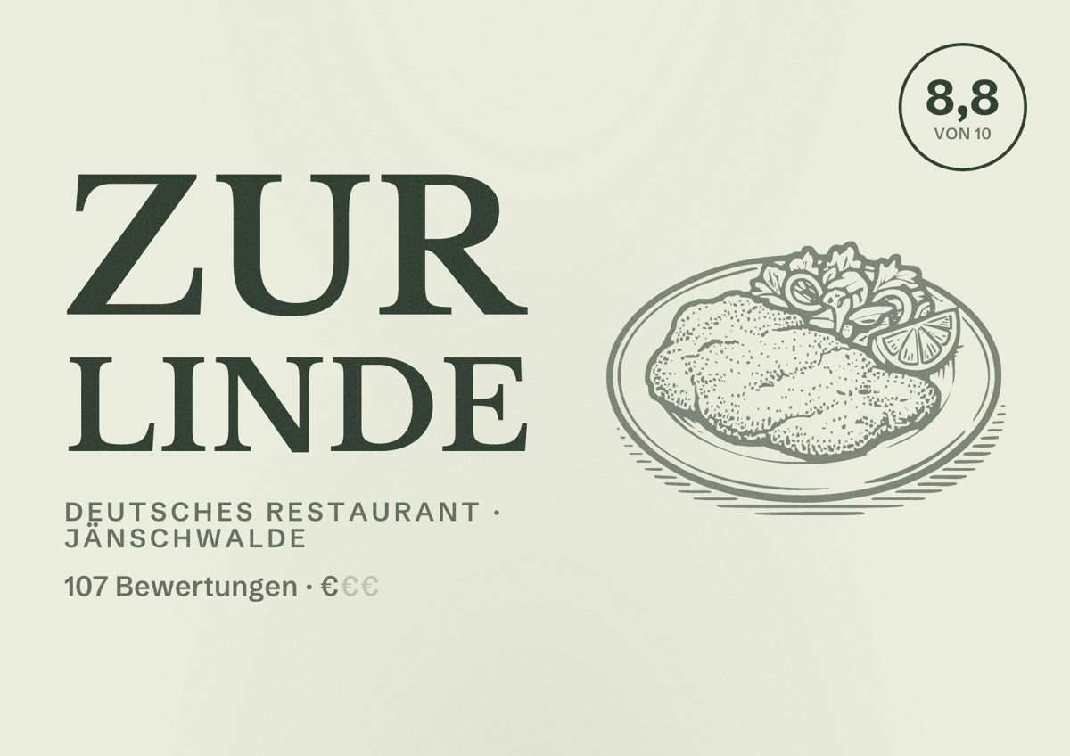 Illustriertes Poster von Zur Linde, Deutsches Restaurant in Jänschwalde: Bewertung 8,8 von 10 aus 107 Bewertungen, Preisniveau €