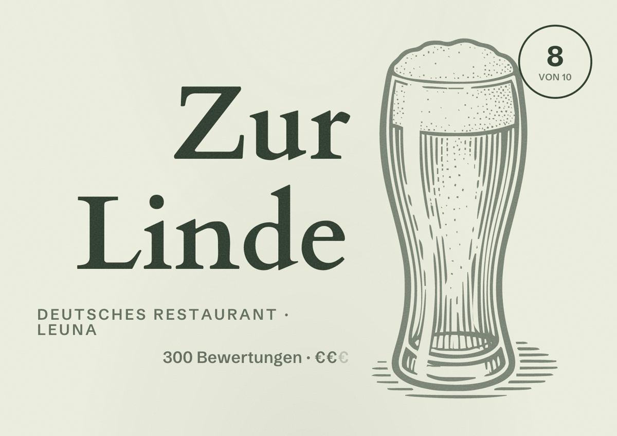 Illustriertes Poster von Zur Linde, Deutsches Restaurant in Leuna: Bewertung 8 von 10 aus 300 Bewertungen, Preisniveau €€