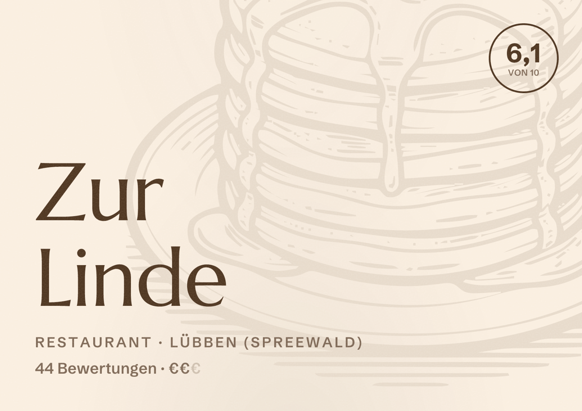 Illustriertes Poster von Zur Linde, Restaurant in Lübben (Spreewald): Bewertung 6,1 von 10 aus 44 Bewertungen, Preisniveau €€