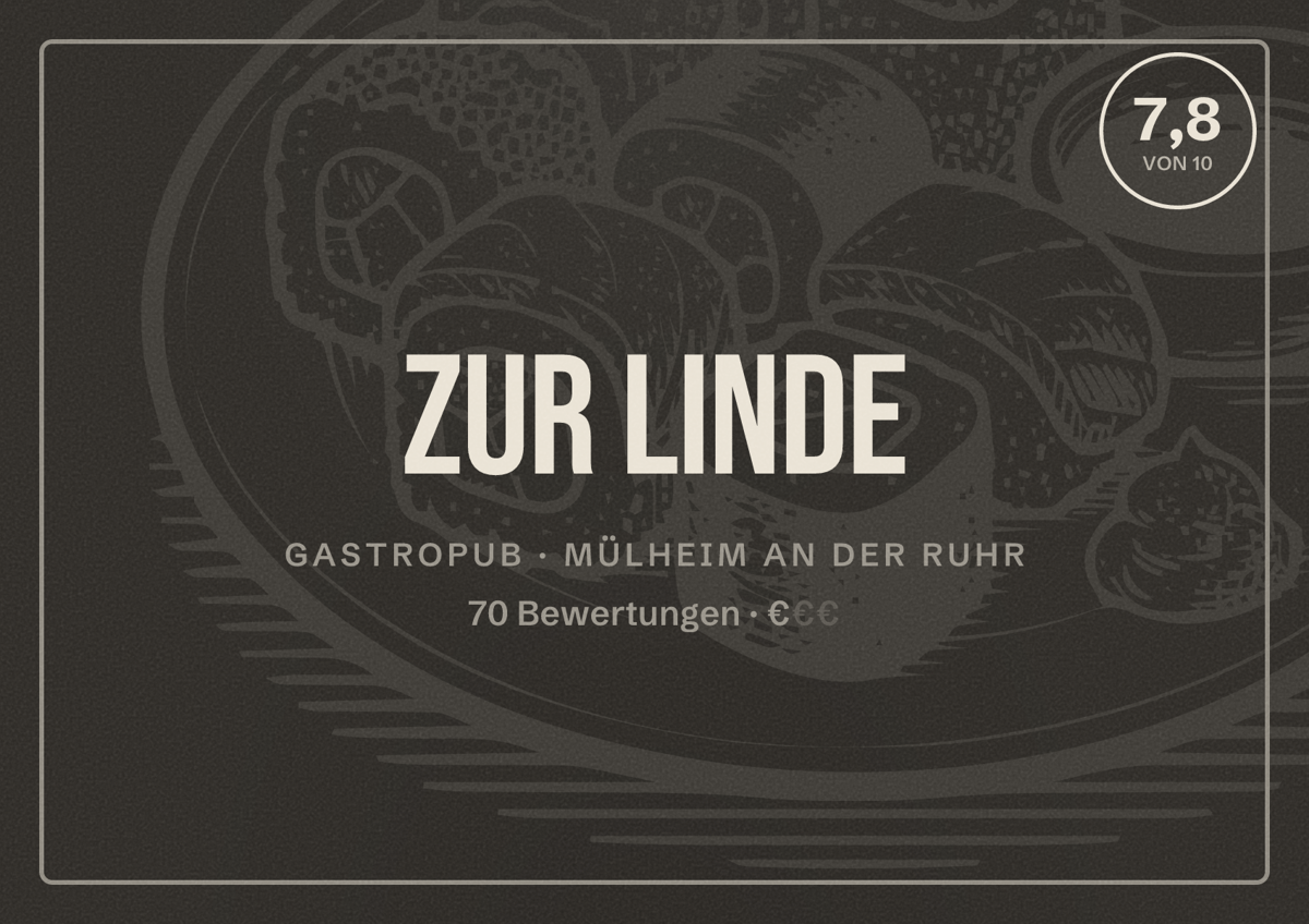 Illustriertes Poster von Zur Linde, Gastropub in Mülheim an der Ruhr: Bewertung 7,8 von 10 aus 70 Bewertungen, Preisniveau €