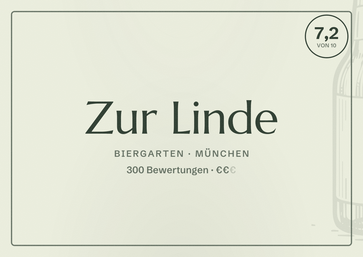 Illustriertes Poster von Zur Linde, Biergarten in München: Bewertung 7,2 von 10 aus 300 Bewertungen, Preisniveau €€