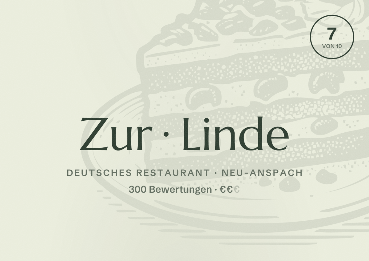 Illustriertes Poster von Zur Linde, Deutsches Restaurant in Neu-Anspach: Bewertung 7 von 10 aus 300 Bewertungen, Preisniveau €€