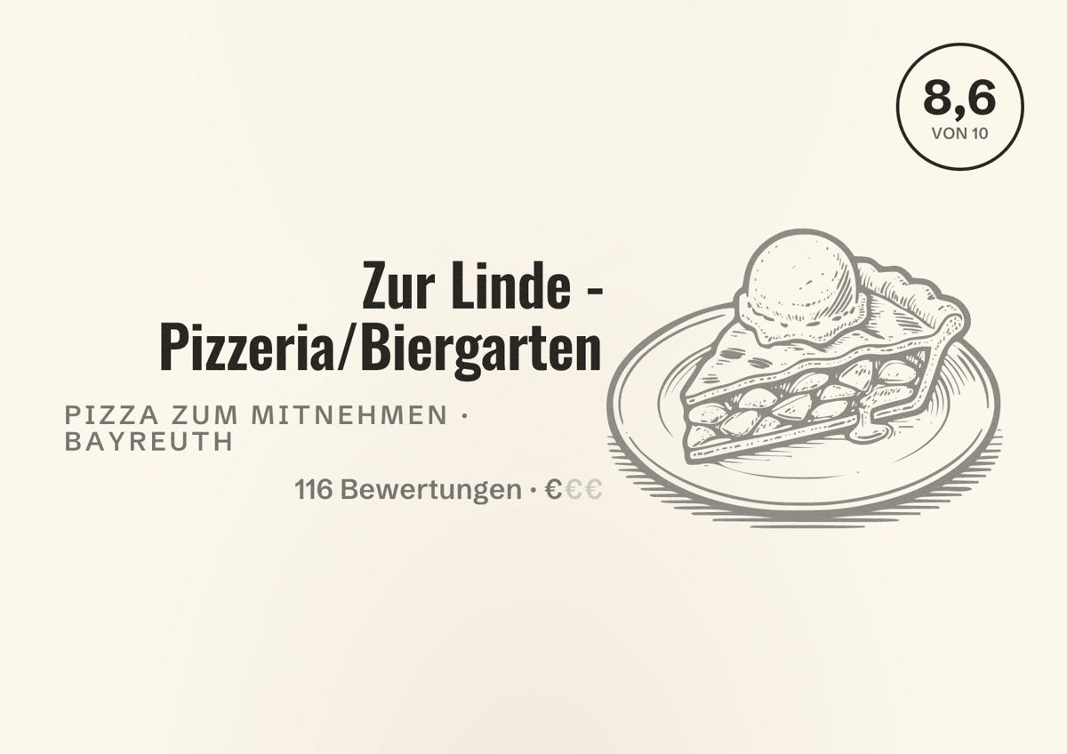 Illustriertes Poster von Zur Linde - Pizzeria/Biergarten, Pizza zum Mitnehmen in Bayreuth: Bewertung 8,6 von 10 aus 116 Bewertungen, Preisniveau €