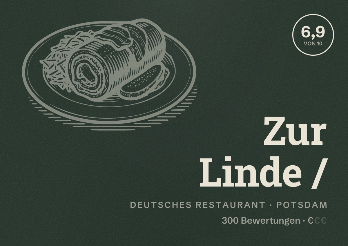 Illustriertes Poster von Zur Linde /, Deutsches Restaurant in Potsdam: Bewertung 6,9 von 10 aus 300 Bewertungen, Preisniveau €
