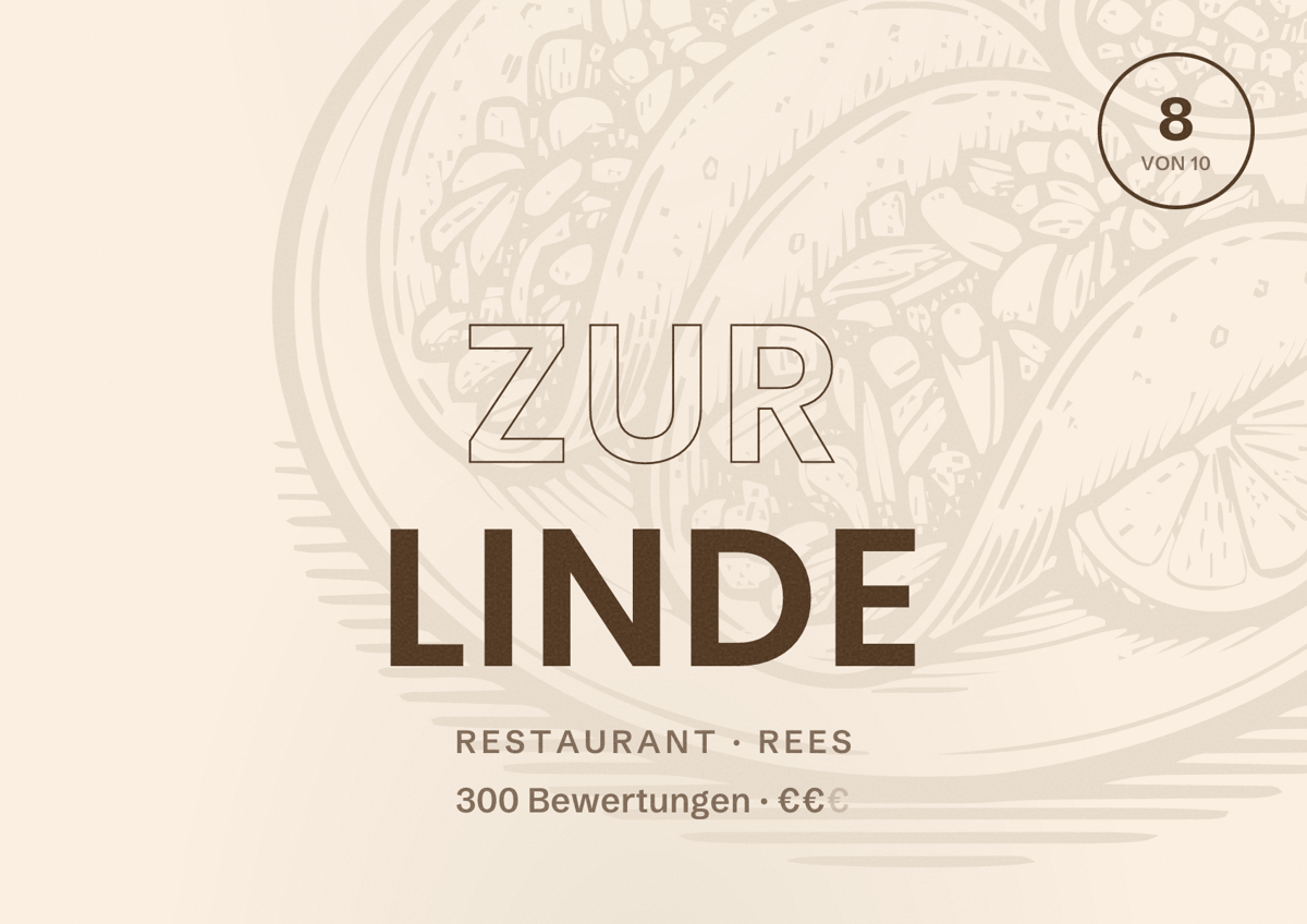 Illustriertes Poster von Zur Linde, Restaurant in Rees: Bewertung 8 von 10 aus 300 Bewertungen, Preisniveau €€