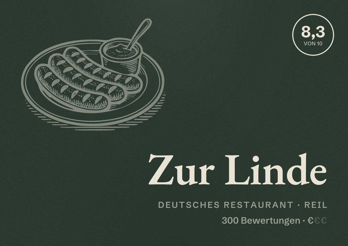 Illustriertes Poster von Zur Linde, Deutsches Restaurant in Reil: Bewertung 8,3 von 10 aus 300 Bewertungen, Preisniveau €