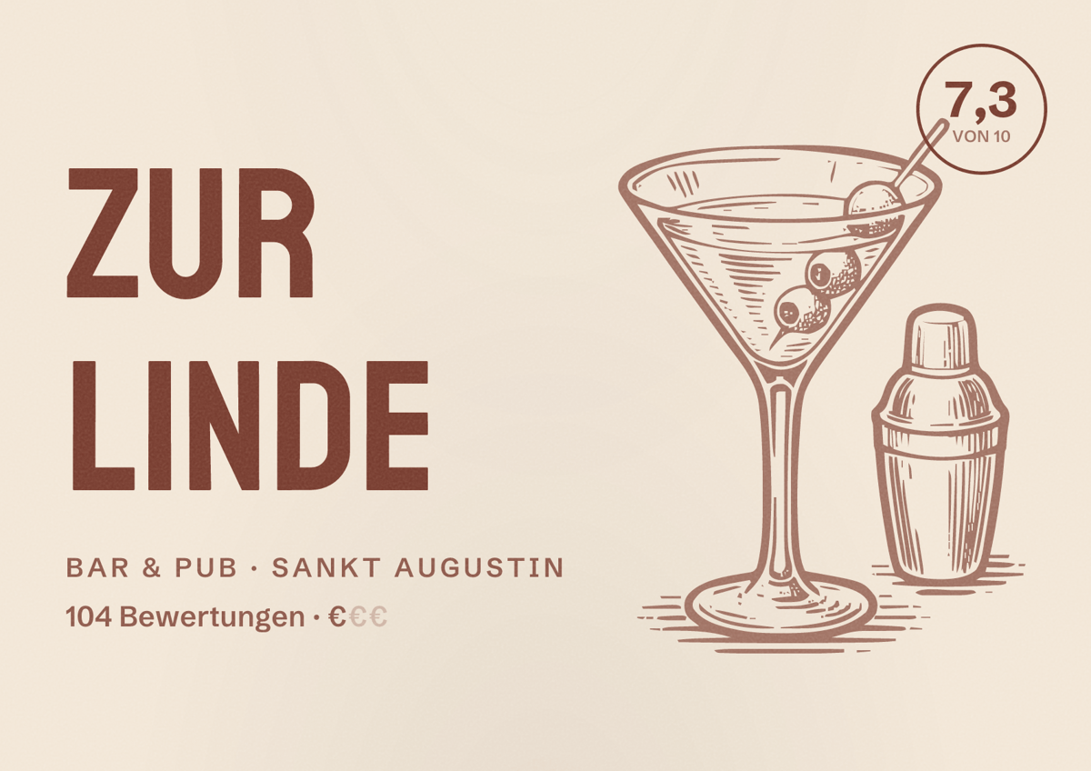 Illustriertes Poster von Zur Linde, Bar & Pub in Sankt Augustin: Bewertung 7,3 von 10 aus 104 Bewertungen, Preisniveau €