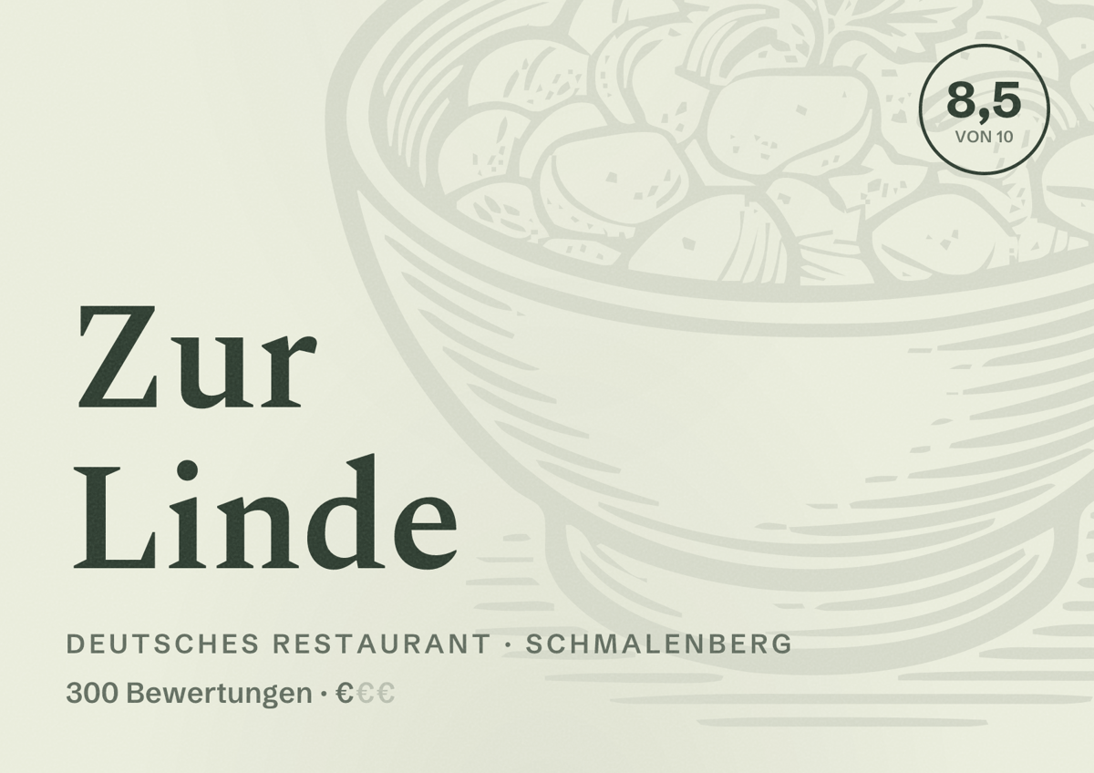 Illustriertes Poster von Zur Linde, Deutsches Restaurant in Schmalenberg: Bewertung 8,5 von 10 aus 300 Bewertungen, Preisniveau €