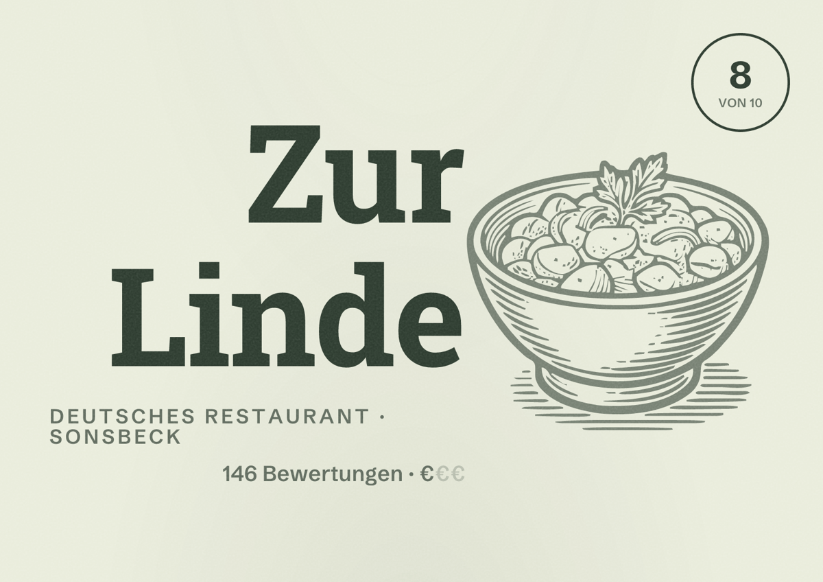 Illustriertes Poster von Zur Linde, Deutsches Restaurant in Sonsbeck: Bewertung 8 von 10 aus 146 Bewertungen, Preisniveau €