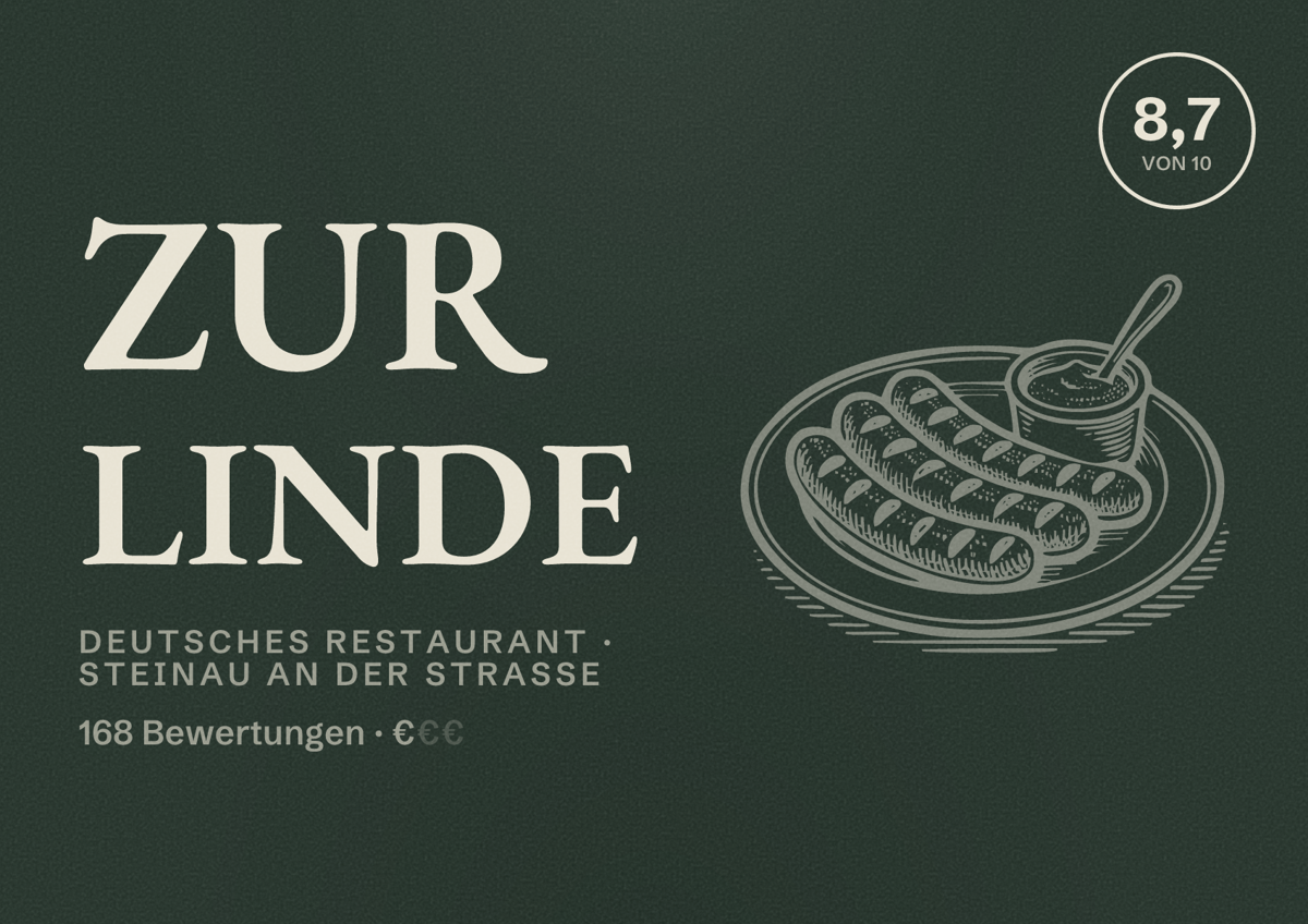Illustriertes Poster von Zur Linde, Deutsches Restaurant in Steinau an der Straße: Bewertung 8,7 von 10 aus 168 Bewertungen, Preisniveau €
