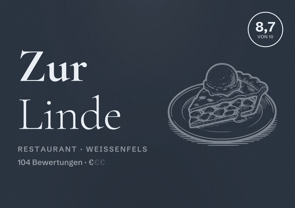 Illustriertes Poster von Zur Linde, Restaurant in Weißenfels: Bewertung 8,7 von 10 aus 104 Bewertungen, Preisniveau €