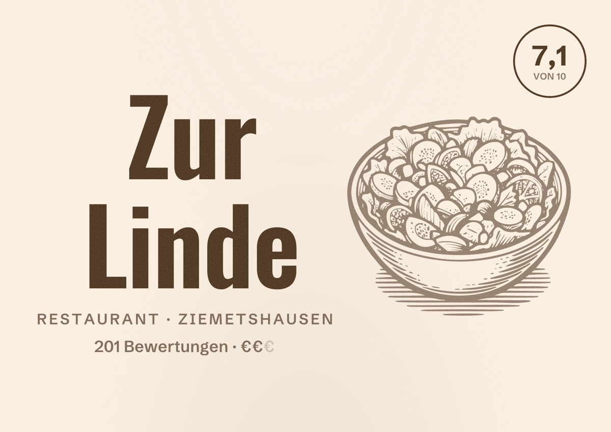 Illustriertes Poster von Zur Linde, Restaurant in Ziemetshausen: Bewertung 7,1 von 10 aus 201 Bewertungen, Preisniveau €€