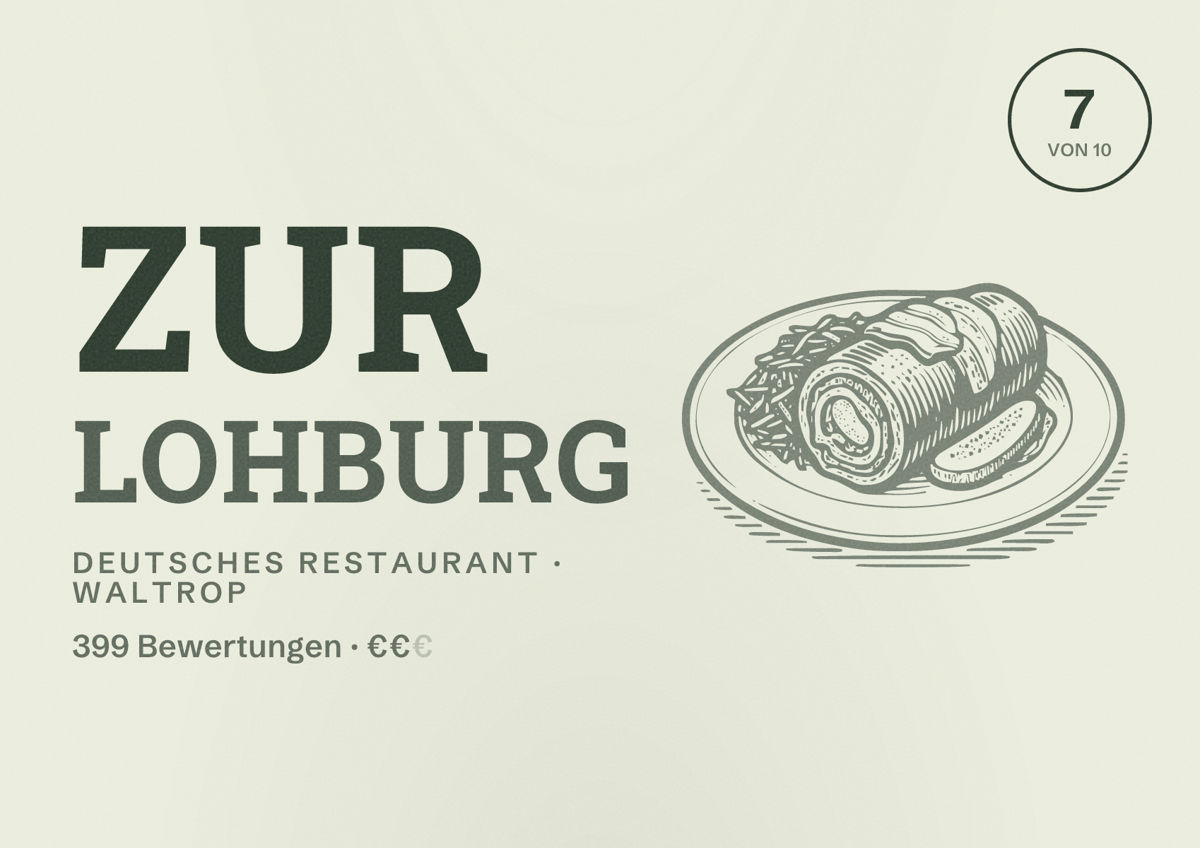 Illustriertes Poster von Zur Lohburg, Deutsches Restaurant in Waltrop: Gästebewertung 7 von 10 aus 399 Bewertungen