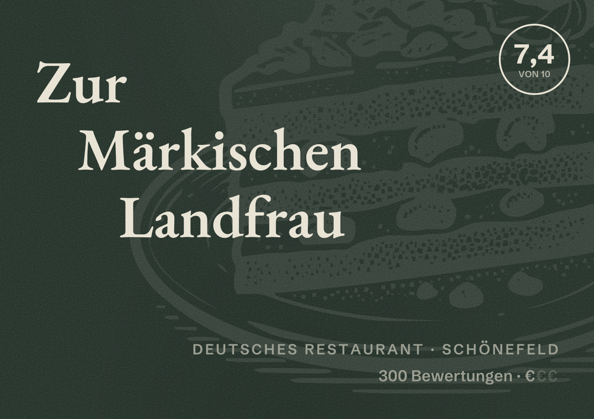 Illustriertes Poster von Zur Märkischen Landfrau, Deutsches Restaurant in Schönefeld: Bewertung 7,4 von 10 aus 300 Bewertungen, Preisniveau €