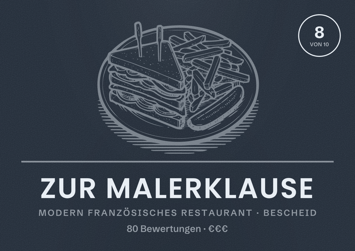 Illustriertes Poster von Zur Malerklause, Modern französisches Restaurant in Bescheid: Bewertung 8 von 10 aus 80 Bewertungen, Preisniveau €€€
