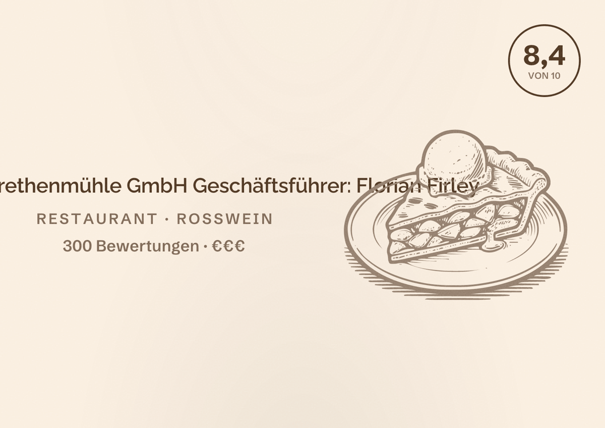 Illustriertes Poster von Zur Margarethenmühle GmbH Geschäftsführer: Florian Firley, Restaurant in Roßwein: Bewertung 8,4 von 10 aus 300 Bewertungen, Preisniveau €€€