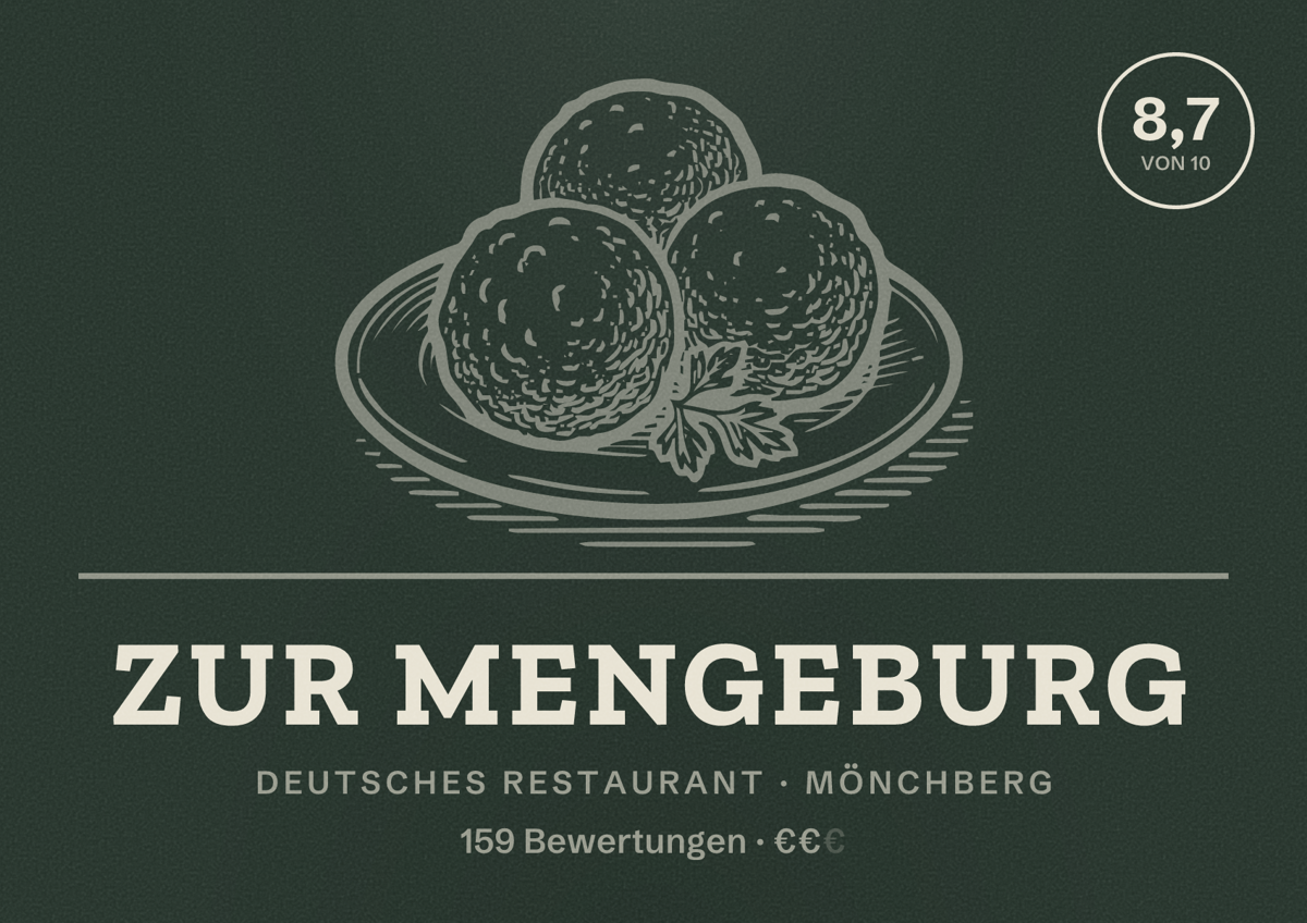 Illustriertes Poster von Zur Mengeburg, Deutsches Restaurant in Mönchberg: Bewertung 8,7 von 10 aus 159 Bewertungen, Preisniveau €€