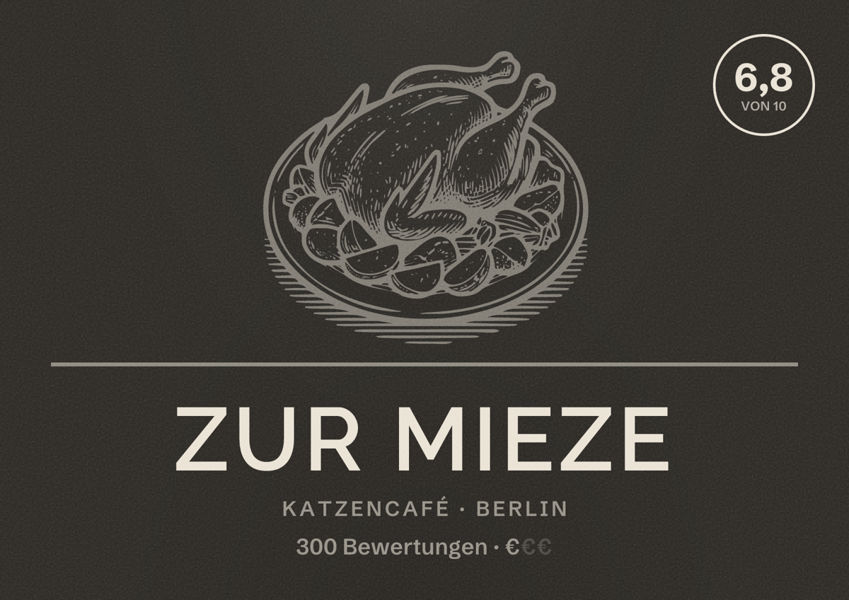 Illustriertes Poster von Zur Mieze, Katzencafé in Berlin: Bewertung 6,8 von 10 aus 300 Bewertungen, Preisniveau €
