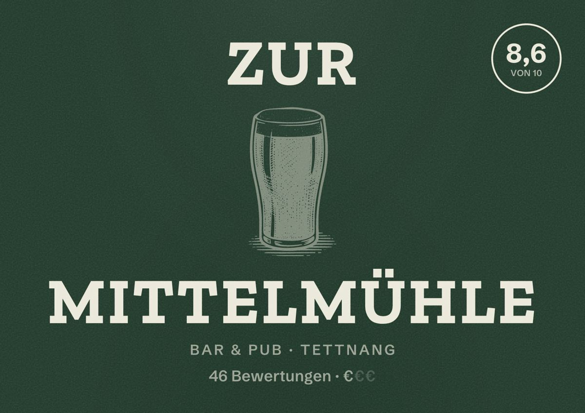 Illustriertes Poster von Zur Mittelmühle, Bar & Pub in Tettnang: Bewertung 8,6 von 10 aus 46 Bewertungen, Preisniveau €