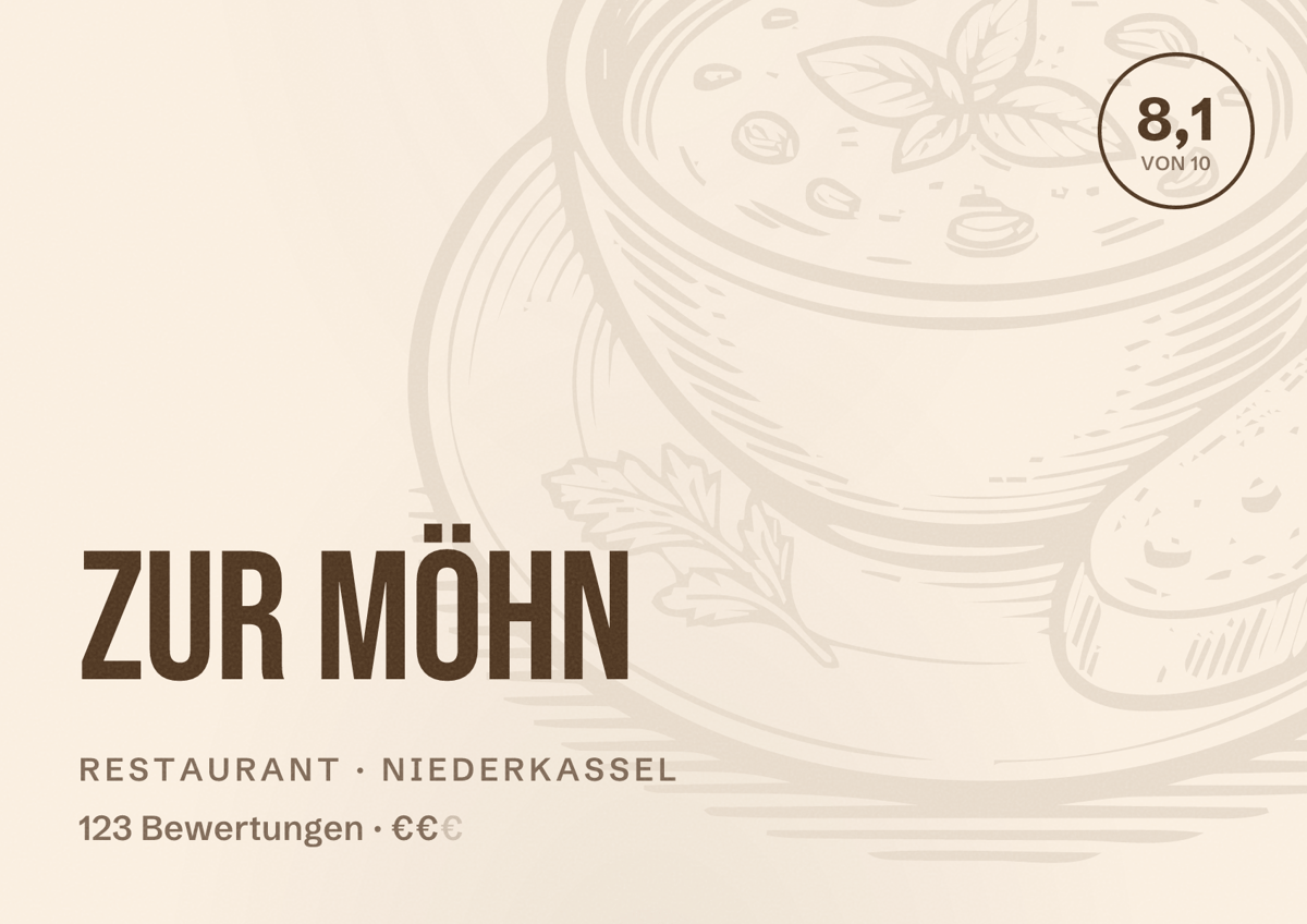 Illustriertes Poster von Zur Möhn, Restaurant in Niederkassel: Bewertung 8,1 von 10 aus 123 Bewertungen, Preisniveau €€