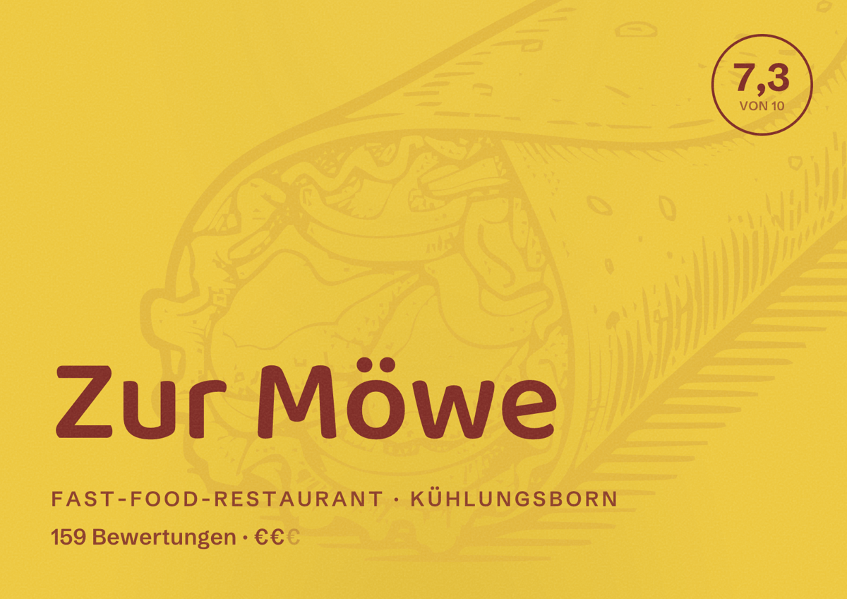 Illustriertes Poster von Zur Möwe, Fast-Food-Restaurant in Kühlungsborn: Bewertung 7,3 von 10 aus 159 Bewertungen, Preisniveau €€