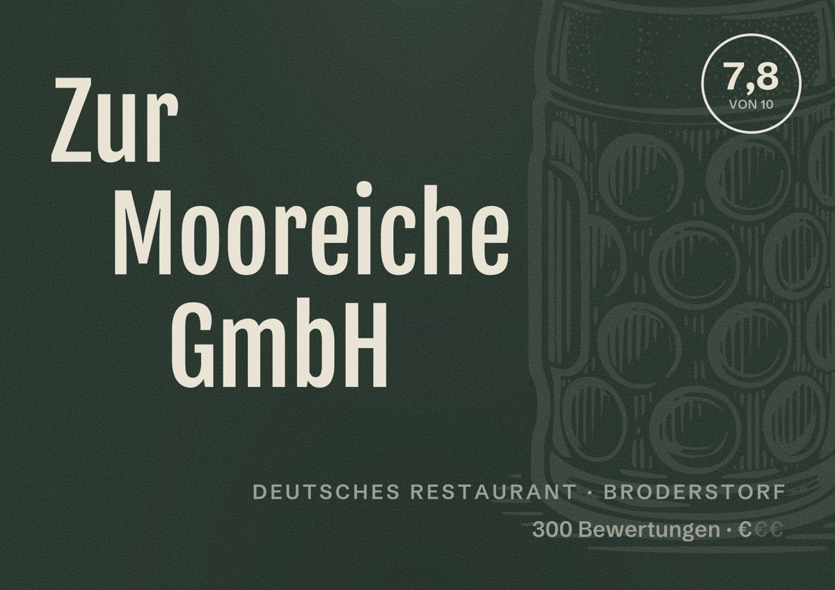 Illustriertes Poster von Zur Mooreiche GmbH, Deutsches Restaurant in Broderstorf: Bewertung 7,8 von 10 aus 300 Bewertungen, Preisniveau €