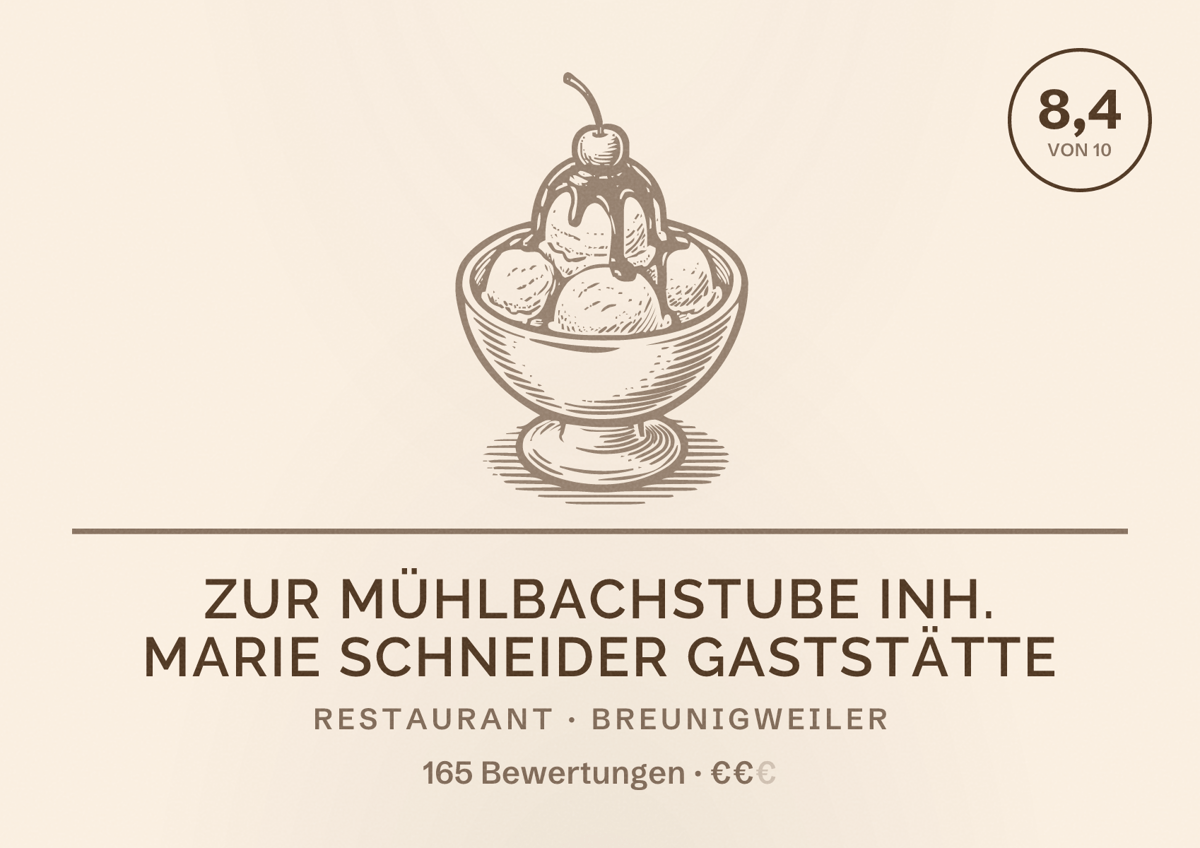 Illustriertes Poster von Zur Mühlbachstube Inh. Marie Schneider Gaststätte, Restaurant in Breunigweiler: Bewertung 8,4 von 10 aus 165 Bewertungen, Preisniveau €€