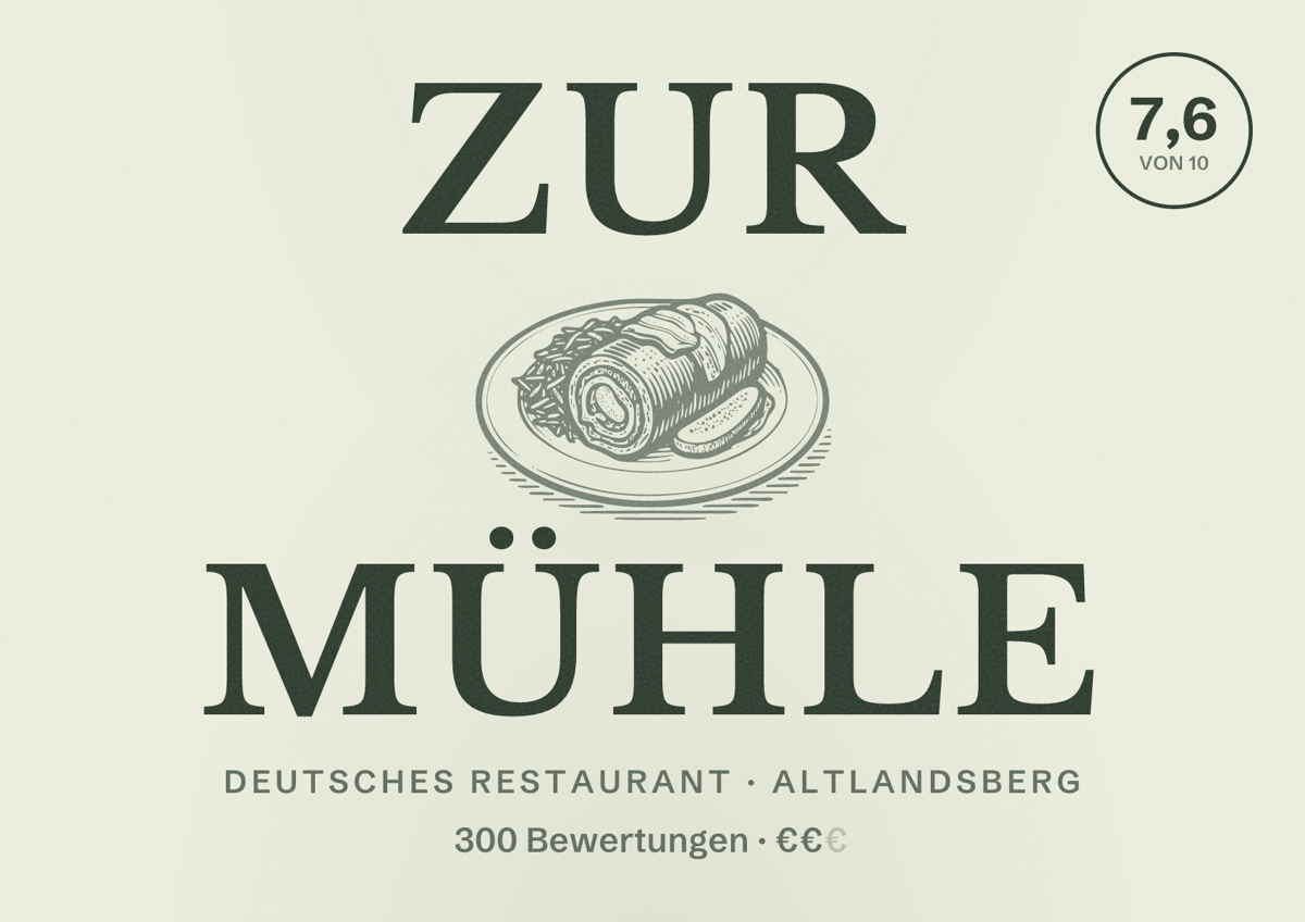Illustriertes Poster von Zur Mühle, Deutsches Restaurant in Altlandsberg: Bewertung 7,6 von 10 aus 300 Bewertungen, Preisniveau €€
